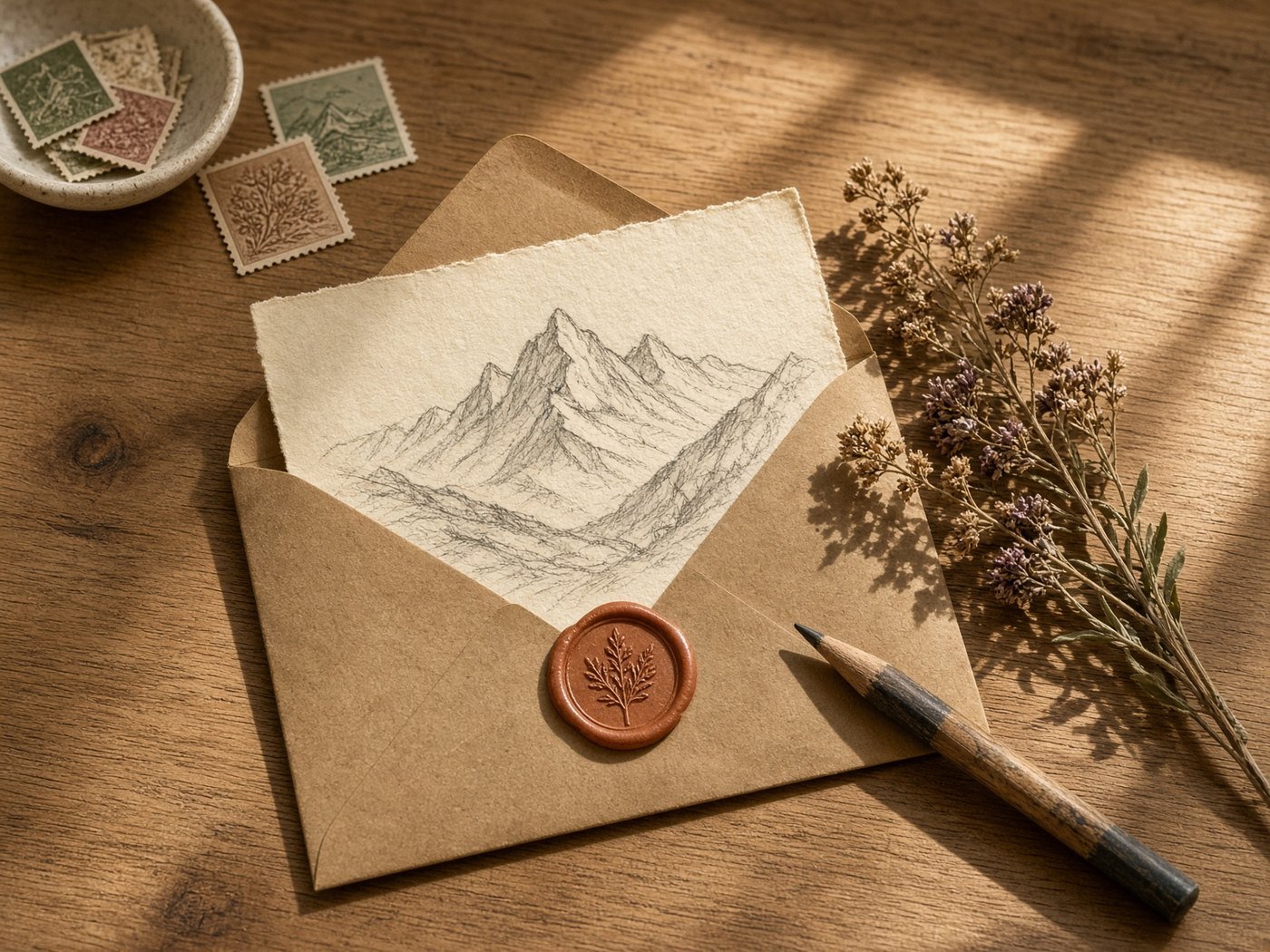 Opened kraft envelope, parchment letter, and alpine wildflowers on a wooden desk