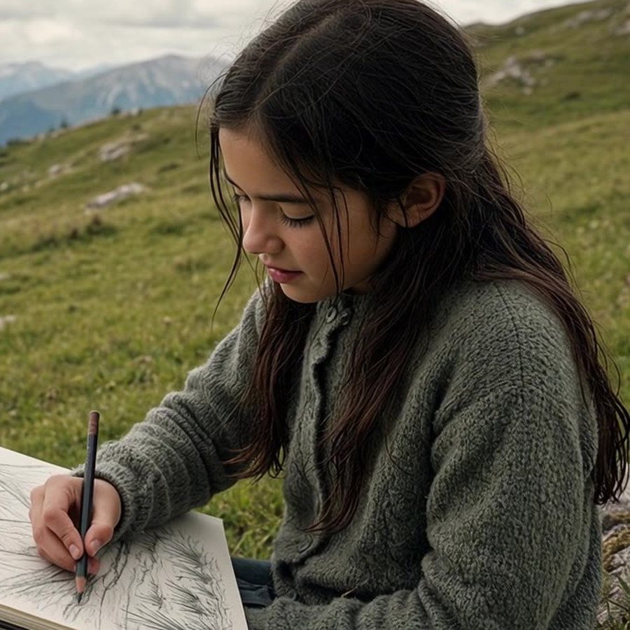 Selah sketching in her field journal